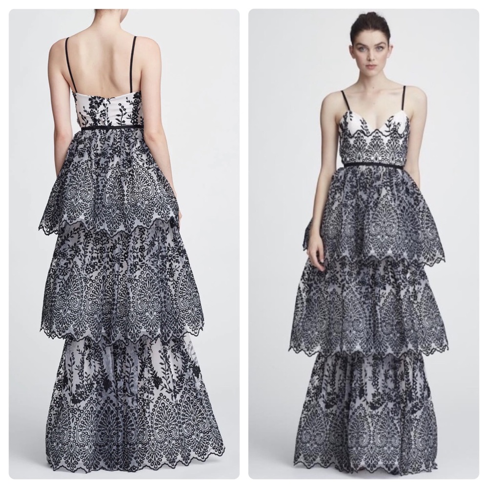 Marchesa Eyelet Organza Tiered Gown Dress
